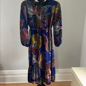 Trina Turk Blue and Red Bishop Sleeve midi dress